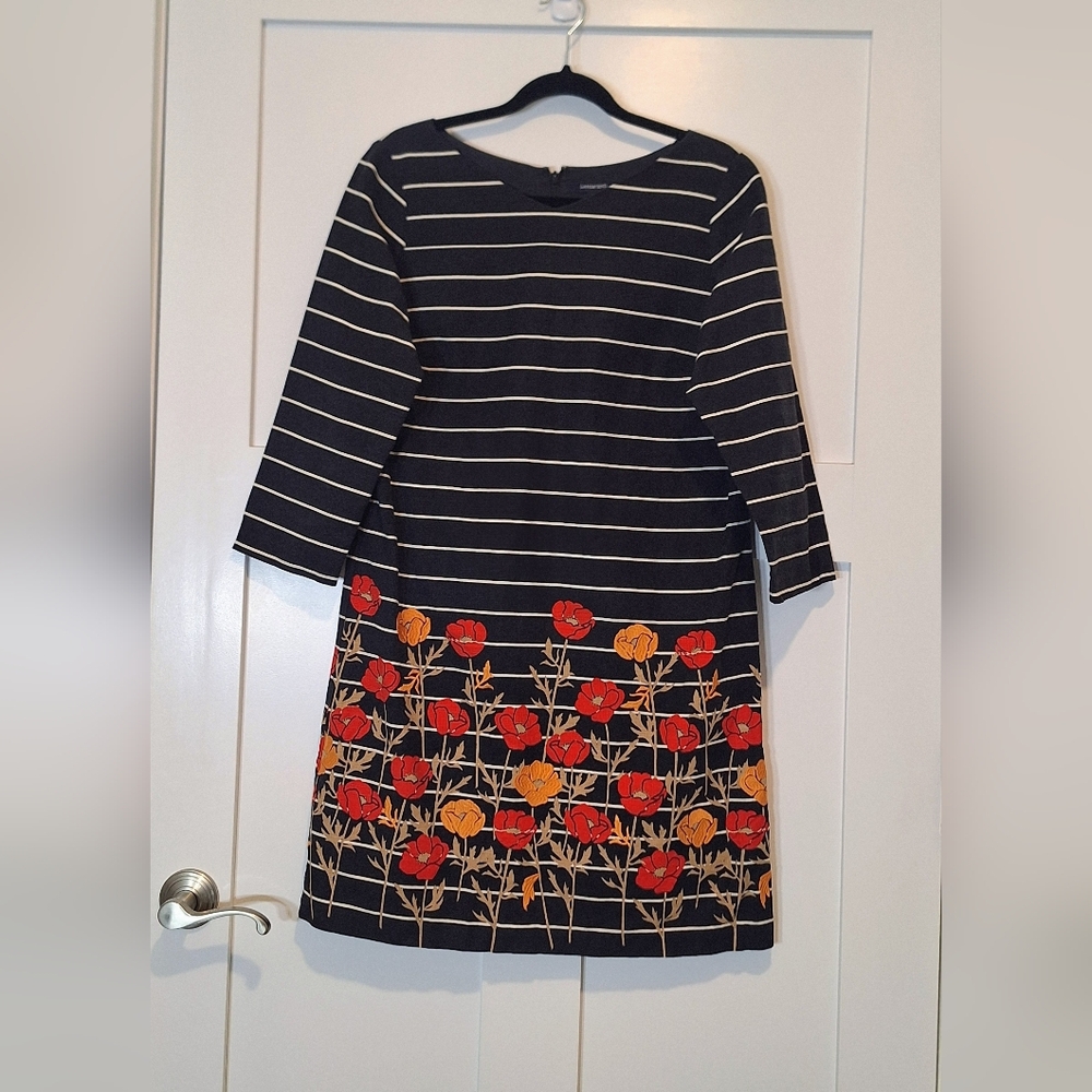 Lands' End Floral Embroidered Shift Midi Dress 3/4 Sleeves Cotton Stretch Sz 12
